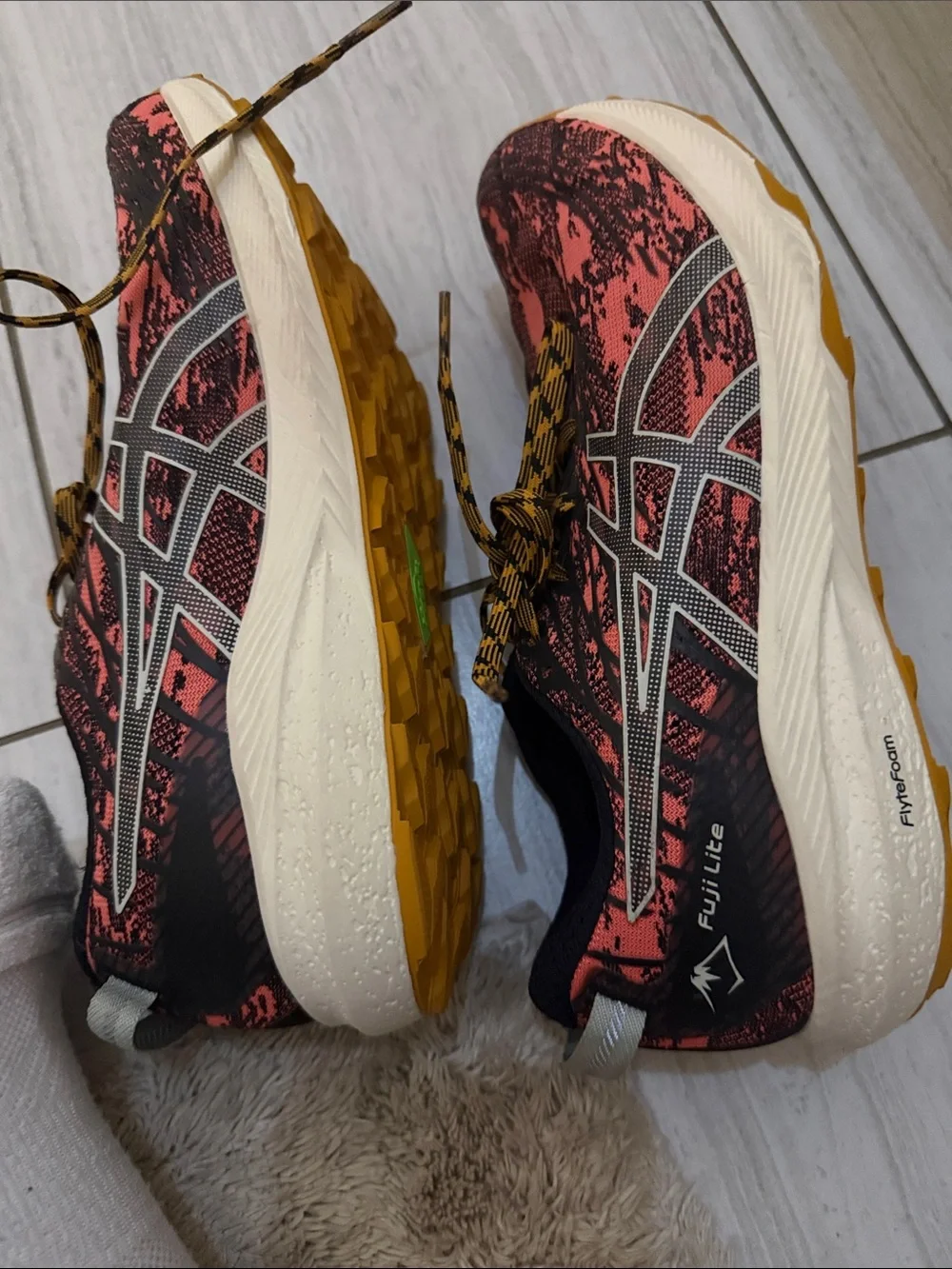 Asics Women's Fugilite Coral and Black Running Shoes with Yellow Accents
